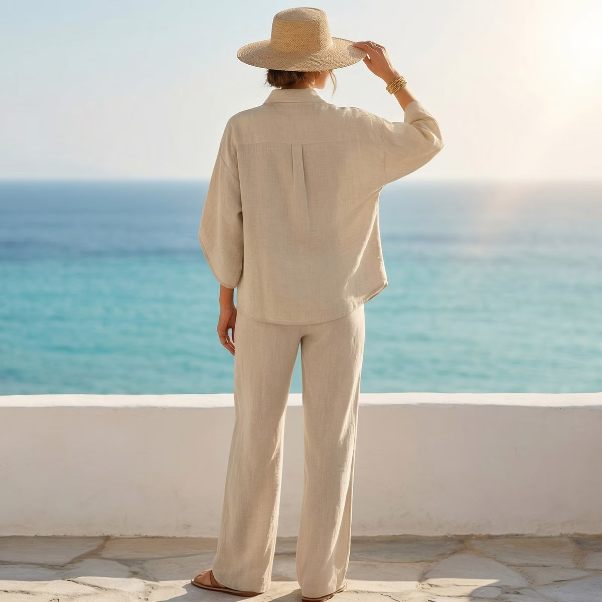 2026 New Fall/Summer Women's Linen Two-Piece Set, batwing sleeves, linen-cotton blend, casual shirt paired with wide-leg pants, women's linen set
