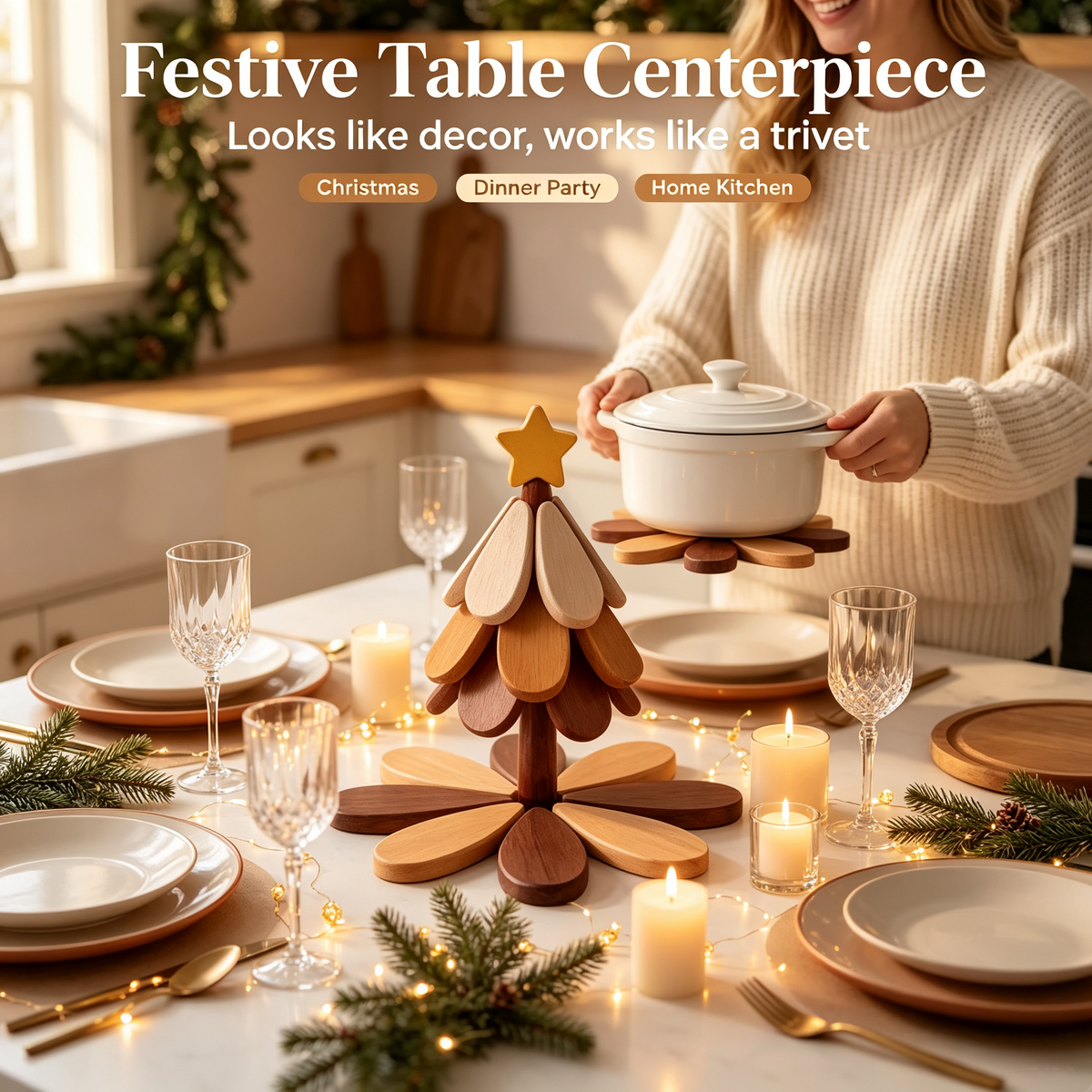 🎄 2-in-1 Wooden Christmas Tree Trivet & Decorative Coaster Set 🍂