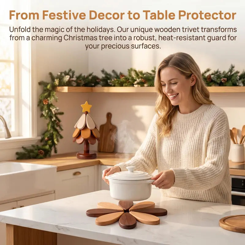 🎄 2-in-1 Wooden Christmas Tree Trivet & Decorative Coaster Set 🍂