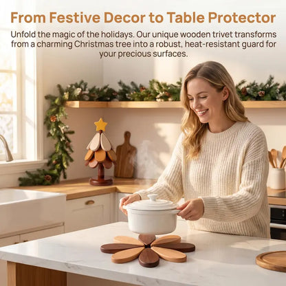 🎄 2-in-1 Wooden Christmas Tree Trivet & Decorative Coaster Set 🍂