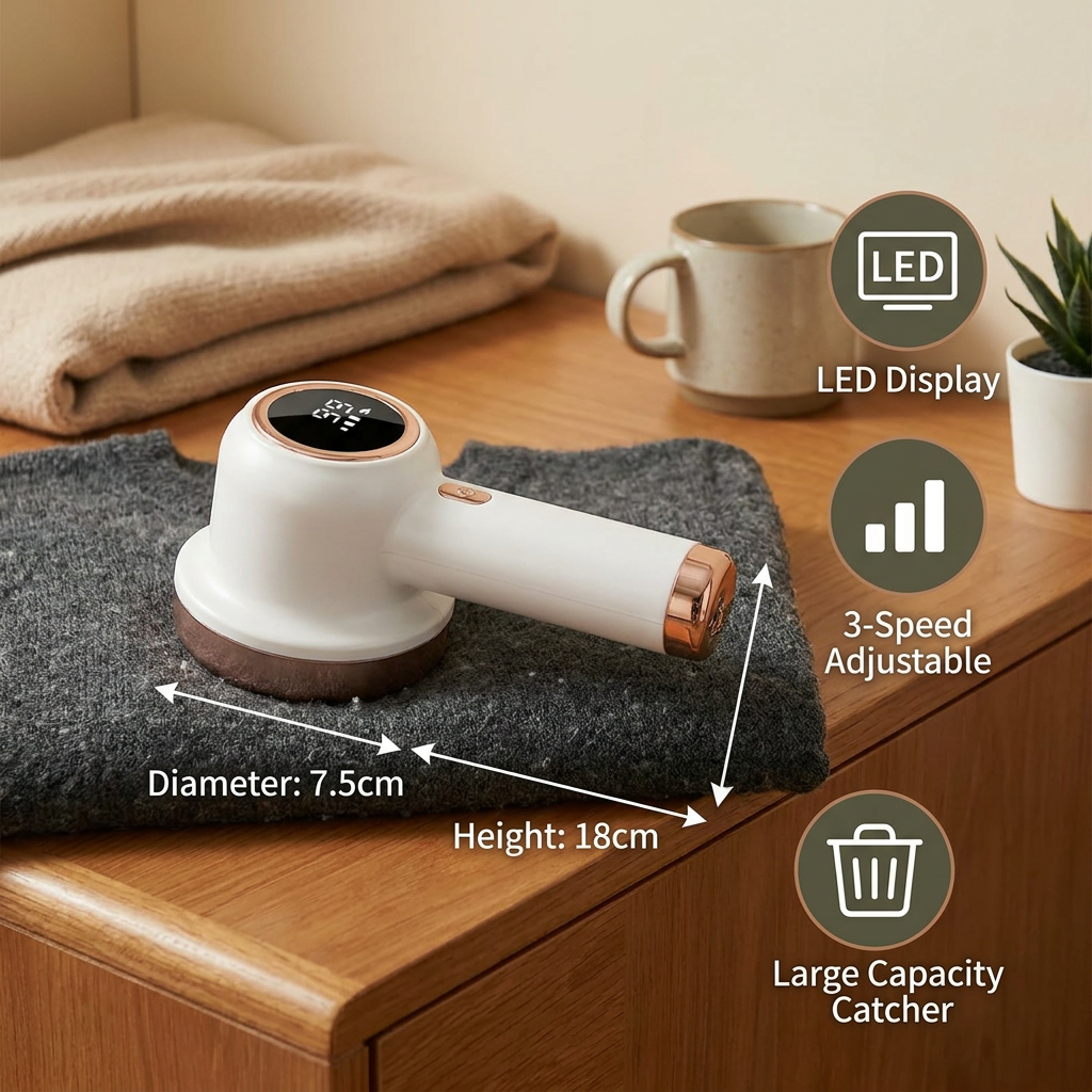 Electric Lint Remover with LED Display – Rechargeable Fabric Shaver with 3 Speed Levels & Large Lint Container
