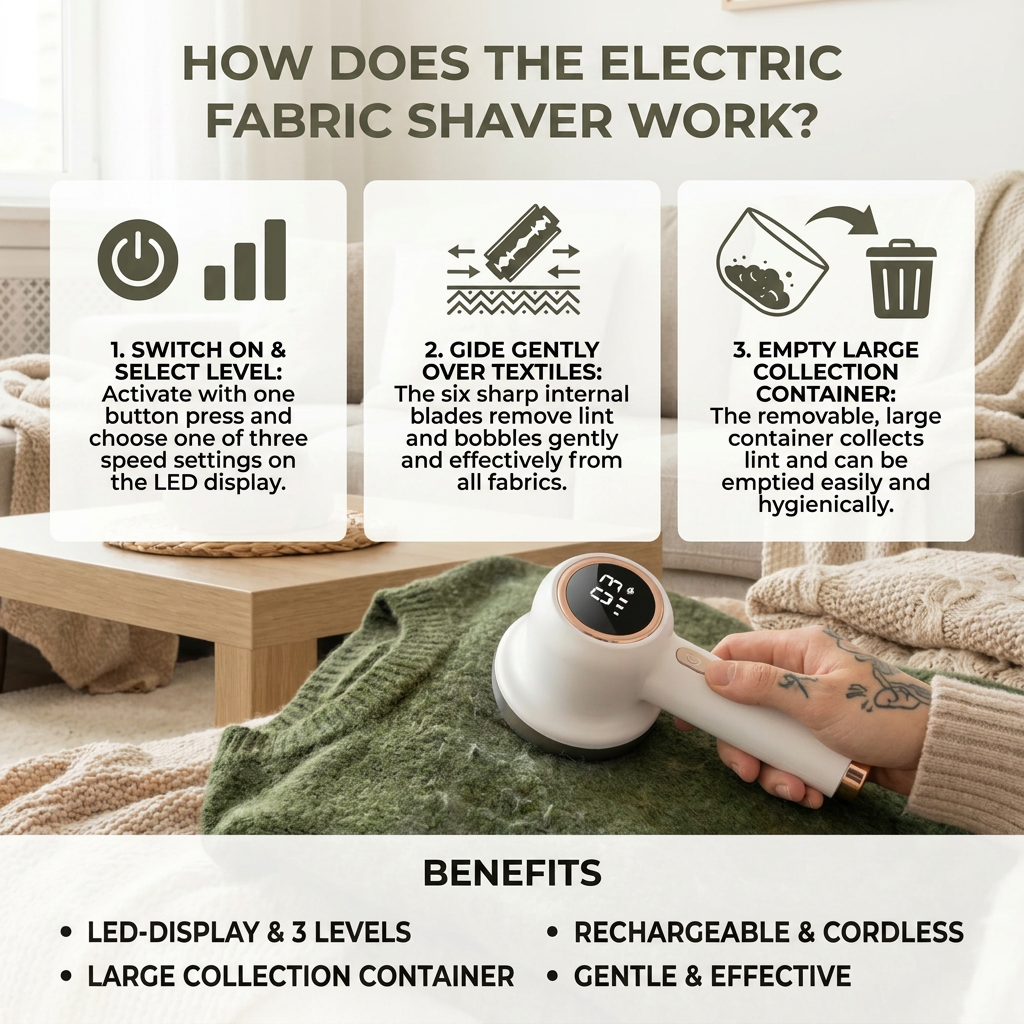 Electric Lint Remover with LED Display – Rechargeable Fabric Shaver with 3 Speed Levels & Large Lint Container
