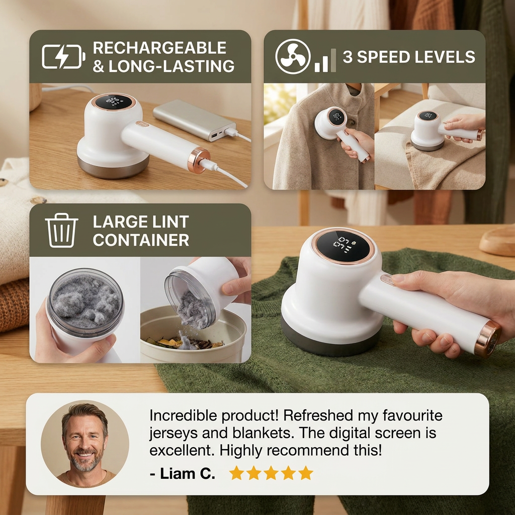 Electric Lint Remover with LED Display – Rechargeable Fabric Shaver with 3 Speed Levels & Large Lint Container