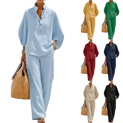 2026 New Fall/Summer Women's Linen Two-Piece Set, batwing sleeves, linen-cotton blend, casual shirt paired with wide-leg pants, women's linen set