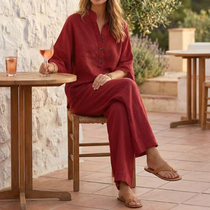 2026 New Fall/Summer Women's Linen Two-Piece Set, batwing sleeves, linen-cotton blend, casual shirt paired with wide-leg pants, women's linen set