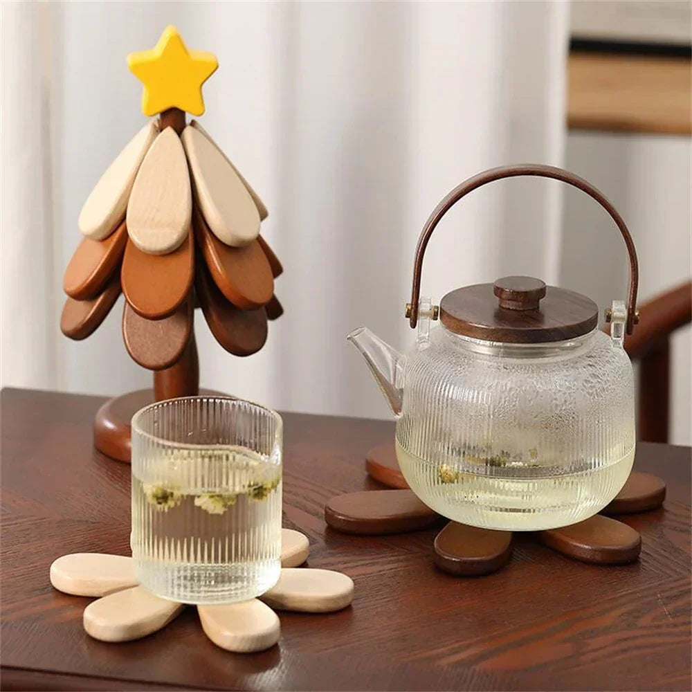 🎄 2-in-1 Wooden Christmas Tree Trivet & Decorative Coaster Set 🍂